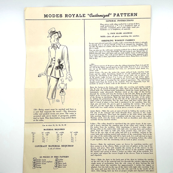 Modes Royale Customized Vintage 1930's 40's?  Pattern #126  Women's Suit Size 12 - Picture 1 of 11